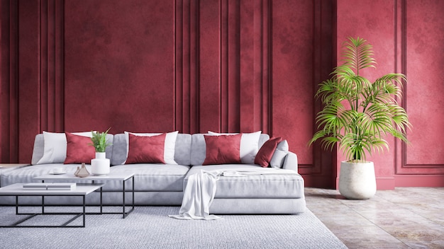 Interior moderno da sala de visitas do vintage, sofá cinzento com parede vermelha do grunge e assoalho concreto, rendição 3d