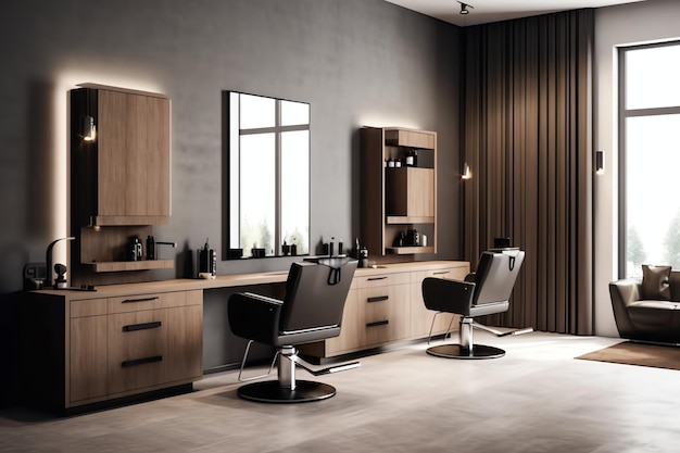 Interior moderno de barbearia com cadeira de espelhos e outros equipamentos perto de janelas Cadeiras na barbearia