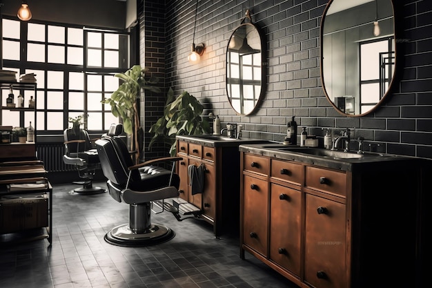 Interior moderno de barbearia com cadeira de espelhos e outros equipamentos perto de janelas Cadeiras na barbearia