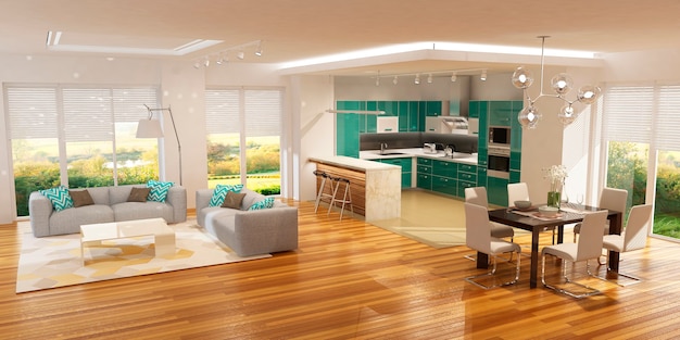 Interior moderno de cozinha com sala de estar