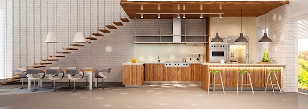 Interior moderno de cozinha com sala de estar