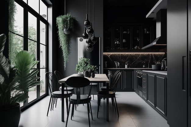 Foto interior moderno de cozinha e sala de jantar escura com móveis e utensílios de cozinha cinza preto e madeira interior de cozinha fundo cozinha de luxo ia generativa