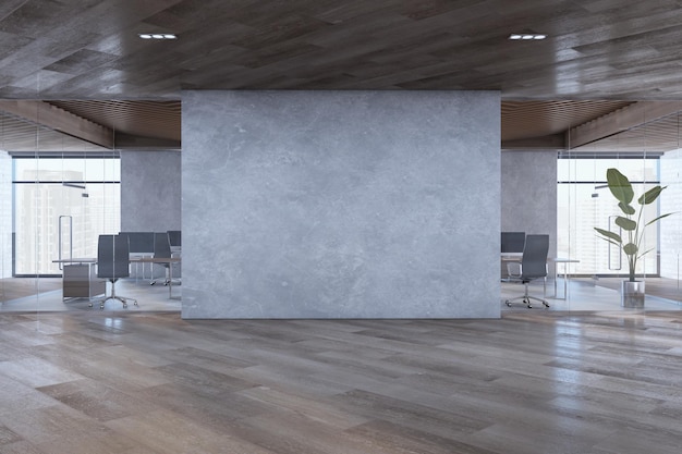 Interior moderno de escritório de concreto e vidro de madeira com lugar vazio na parede vários objetos e janela de móveis com vista para a cidade e renderização 3D à luz do dia