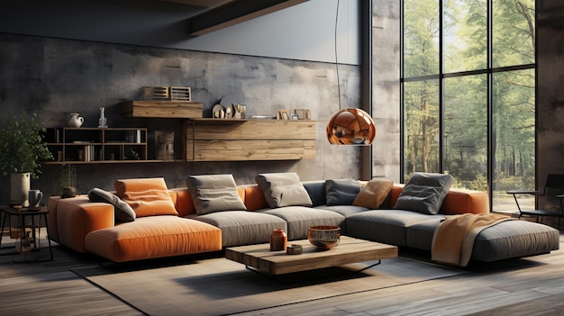 Interior moderno de espaço aberto com sofá modular de design, mesas de centro de madeira xadrez