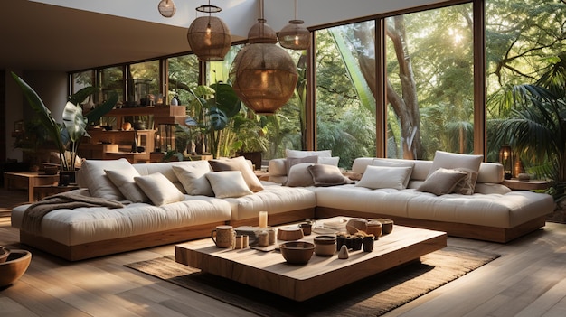 Interior moderno de espaço aberto com sofá modular de design, móveis de madeira e café