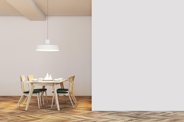 Interior moderno de uma cafeteria branca com um chão de madeira e mesas quadradas com cadeiras verdes perto delas. Um fragmento de parede em branco.