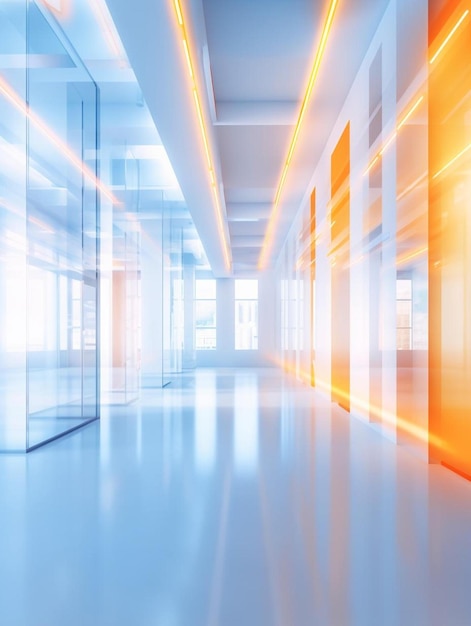 interior moderno dentro de la entrada del edificio de oficinas en fondo azul con naranja