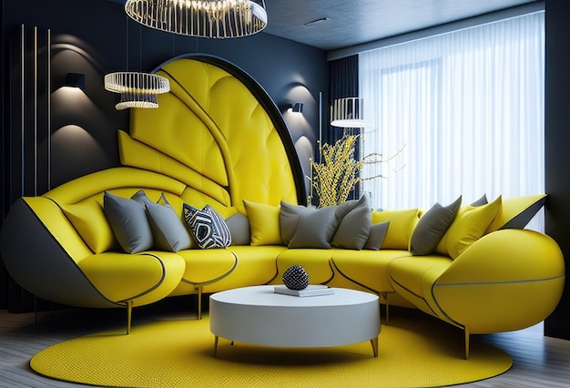 Interior moderno do apartamento na sala de estar com mesa de trabalho escandinavo de luxo