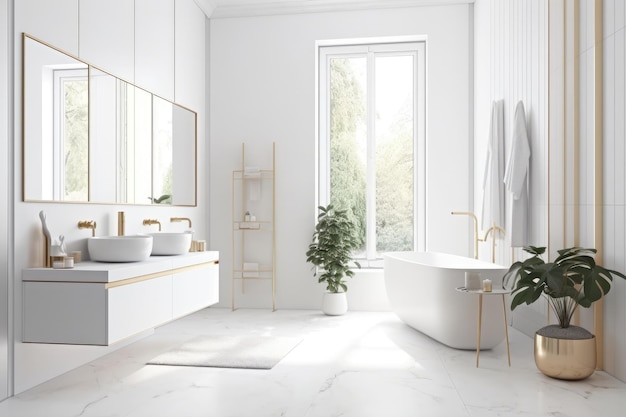 Interior moderno do banheiro branco com piso de madeira e detalhes dourados na frente