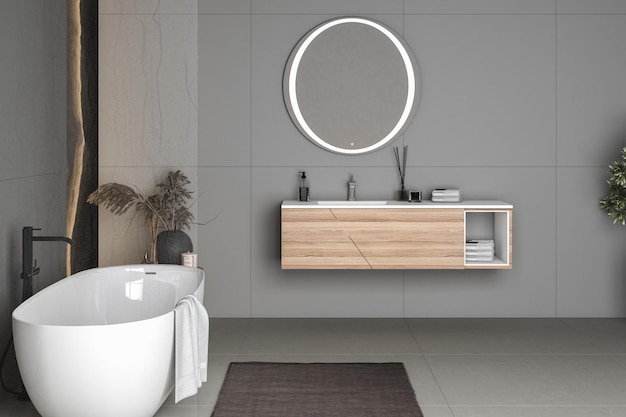 Interior moderno do banheiro com banheira oval branca de piso de concreto e planta de chuveiro de bacia branca e vista para a montanha nevada das janelas Banheiro minimalista com móveis modernos renderização em 3D