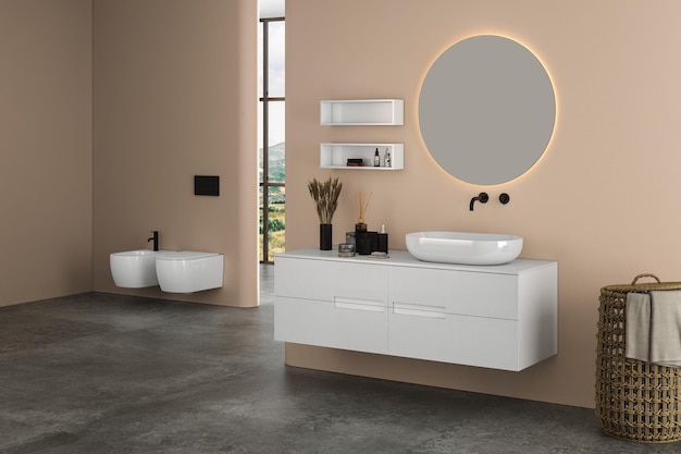 Interior moderno do banheiro com paredes bege, bacia cerâmica com espelho oval, banheira e concreto.