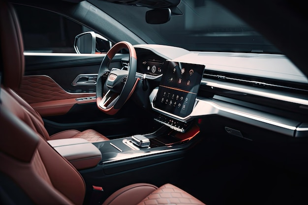 Interior moderno do carro com design elegante e minimalista com telas sensíveis ao toque e bancos de couro