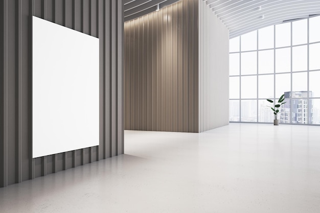 Interior moderno do corredor de luz com mock up branco vazio, paredes de design de banner, janelas panorâmicas, plantas decorativas e vista da cidade, renderização em 3D