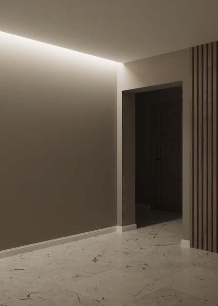 Interior moderno do corredor de uma sala vazia usando blocos de madeira. Noite. Iluminação noturna. renderização 3D.