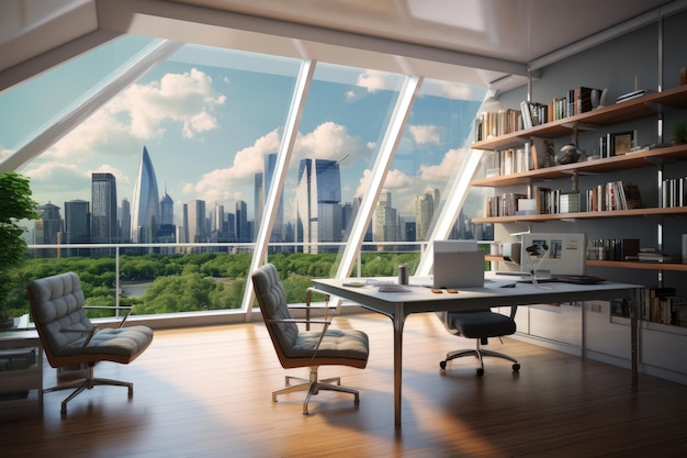 Interior moderno do escritório com janela panorâmica e vista da cidade em renderização 3D Interior moderno do escritório em casa com móveis, computador e vista da cidade apresentado em renderização 3D gerado por IA