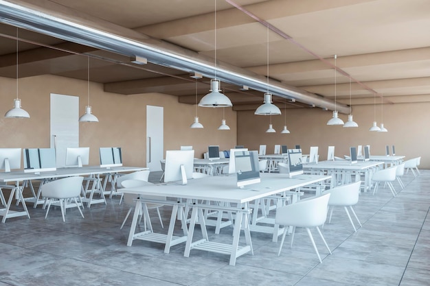 Interior moderno do escritório de coworking com computadores móveis brancos e renderização em 3D da luz do dia