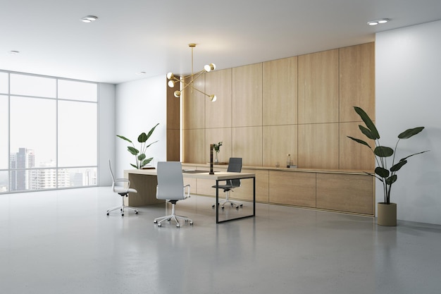 Interior moderno do escritório de madeira loft com janela panorâmica e equipamentos de móveis de vista da cidade e plantas decorativas vários itens Renderização em 3D