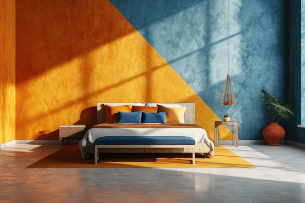 Interior moderno do quarto com combinação moderna de elementos de cores azul e laranja