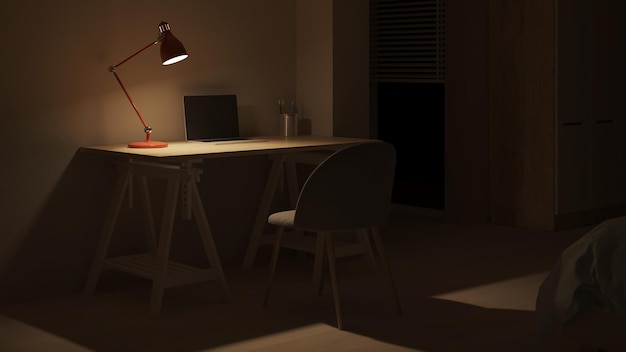 Interior moderno do quarto de adolescente com local de trabalho e cama Noite noite iluminação renderização em 3D