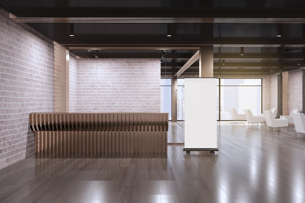 Interior moderno do saguão do escritório de madeira e tijolo com mesa de recepção vazia branca simulada cartaz e janela com vista da cidade renderização em 3D