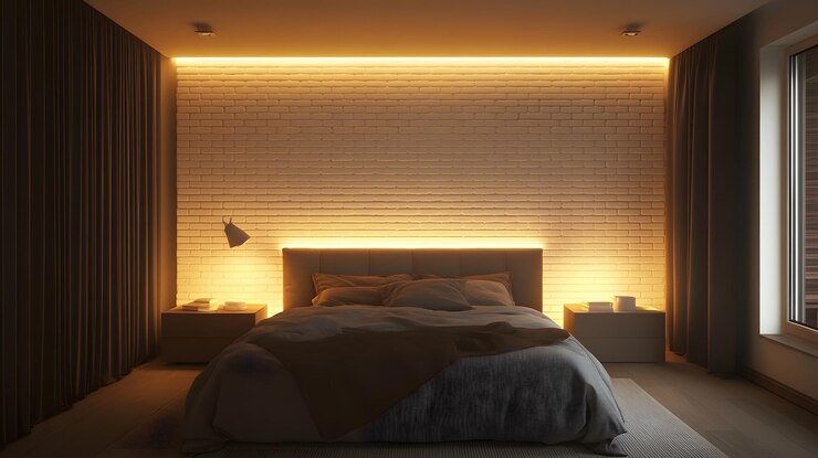 Interior moderno del dormitorio con pared de ladrillo blanco y iluminación cálida