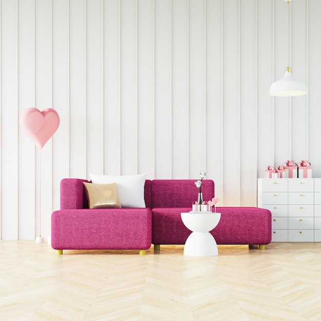 Interior moderno dos namorados, sala de cor rosa vermelha magenta - renderização em 3D