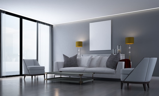 Interior moderno e aconchegante com sala de estar, aparador, cômoda e fundo de parede de azulejo cinza