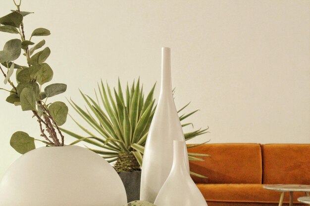 Interior moderno e elegante industrial minimalista da sala de estar com sofá, mesa de centro e plantas. Varredura