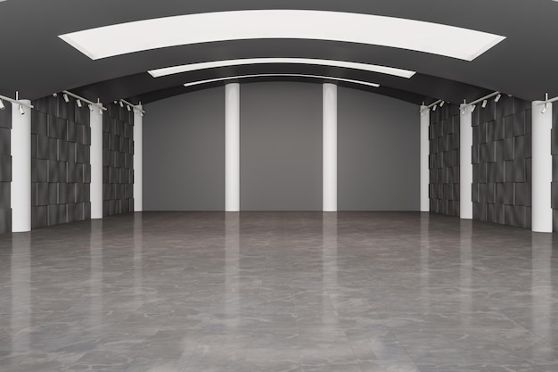 Interior moderno e espaçoso de hangar de concreto preto espaço e conceito de design renderização 3d