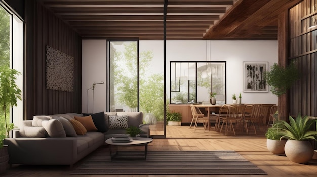 Interior moderno e luxuoso da sala de estar com decoração em madeira em estilo ecológico