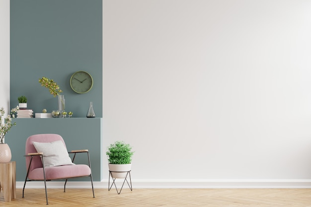Interior moderno e minimalista com uma poltrona em uma parede vazia de branco e verde escuro, renderização em 3D