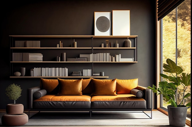 Interior moderno e relaxante da sala com um sofá aconchegante e uma prateleira elegante Generative AI
