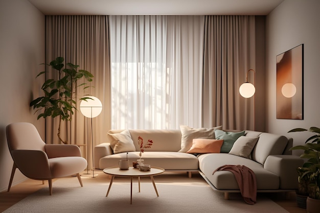 Interior moderno em espaço aberto com sofá de designer e acessórios em decoração elegante Generative AI