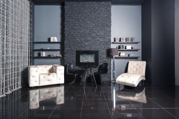 Interior moderno em preto escuro e luxuoso com móveis brancos elegantes