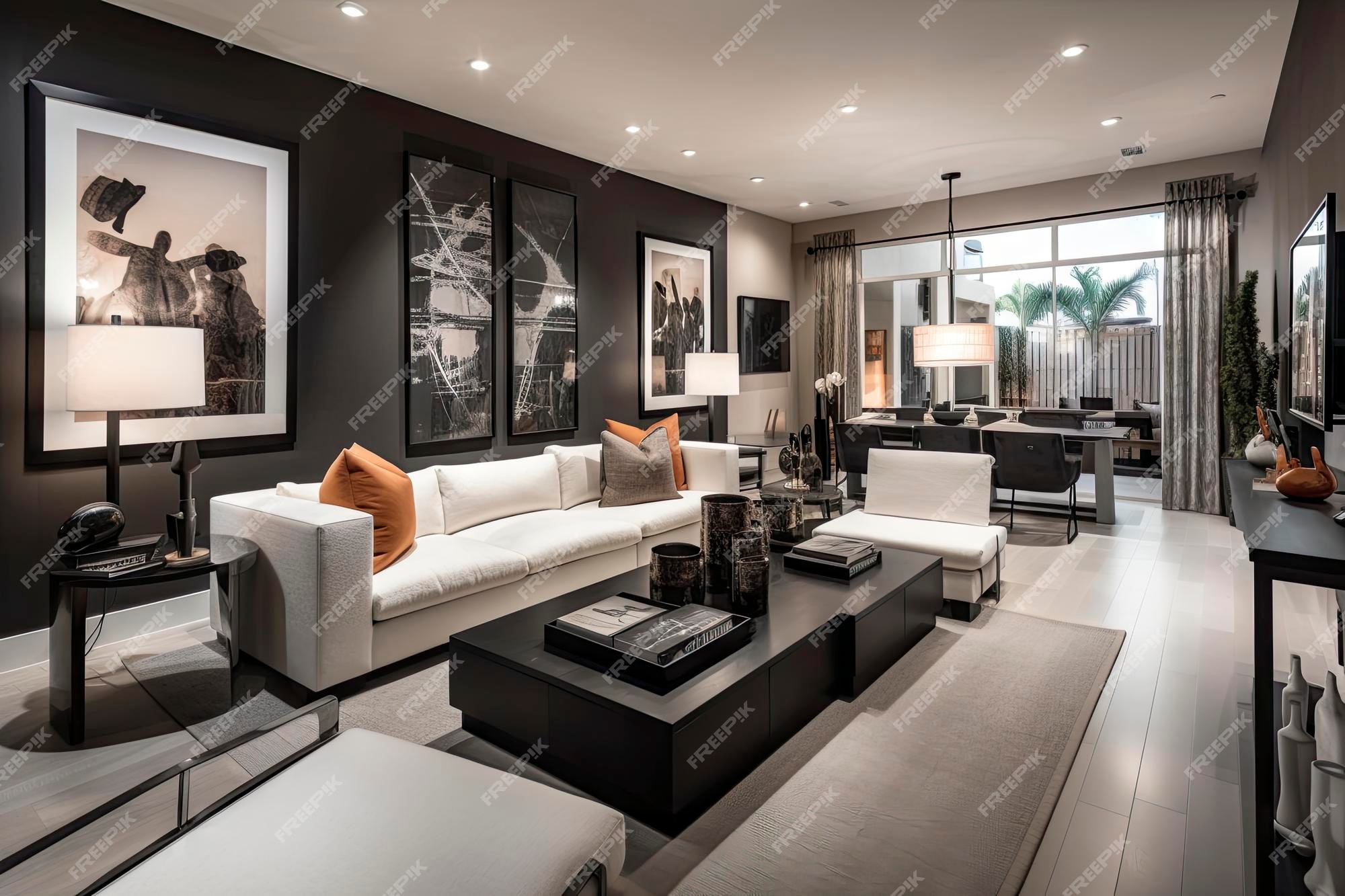 Interior moderno de espacio abierto con muebles de sofá modulares de diseño, mesas centro de madera, almohadas a cuadros, plantas y elegantes personales en una elegante decoración del hogar.