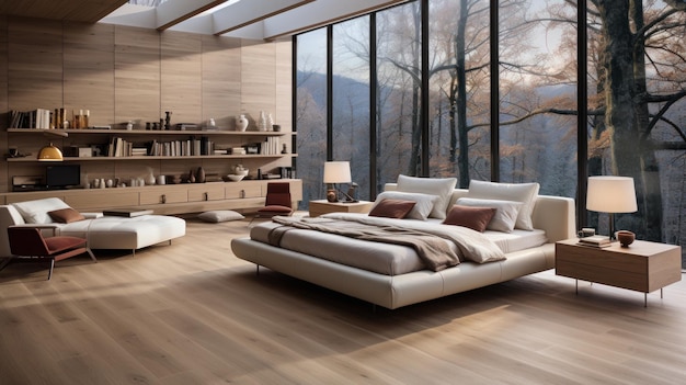 Interior de un moderno y espacioso apartamento estudio luminoso Dormitorio y sala de estar Colores naturales Elementos de madera de muebles Ventanas del piso al techo con impresionantes vistas al bosque Representación 3D