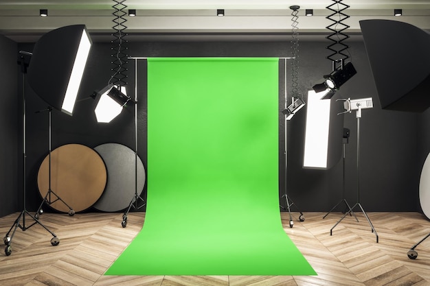Interior moderno de estudio fotográfico con equipo profesional de fondo verde y suelo de madera Mock up 3D Rendering