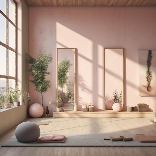 Interior moderno del estudio de yoga con grandes ventanas y espejos