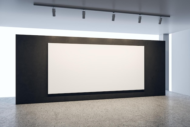 Interior moderno de una galería de hormigón con un cartel blanco limpio simulado en una pared negra Arte y concepto de exhibición Representación 3D