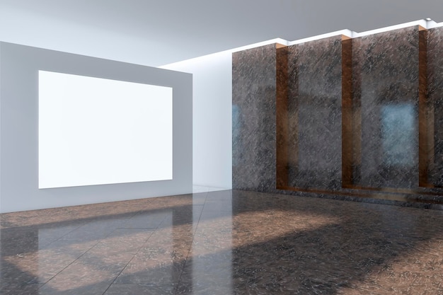 Interior moderno de la galería iluminada con pancarta blanca vacía y reflejos en el suelo 3D Rendering