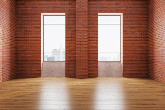 Interior moderno de la galería con paredes de ladrillo rojo, dos ventanas y vistas a la ciudad