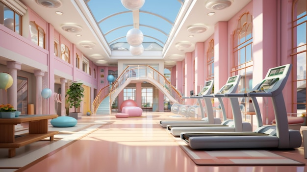 Interior moderno de gimnasio rosa y blanco con grandes ventanas