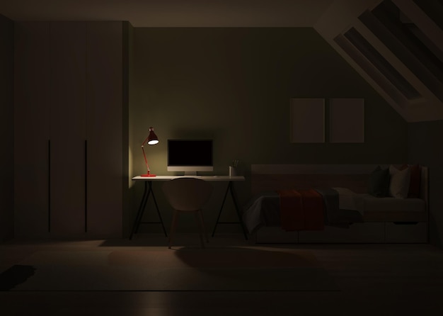 Interior moderno de habitación para adolescentes con lugar de trabajo y cama Noche Iluminación nocturna Representación 3D