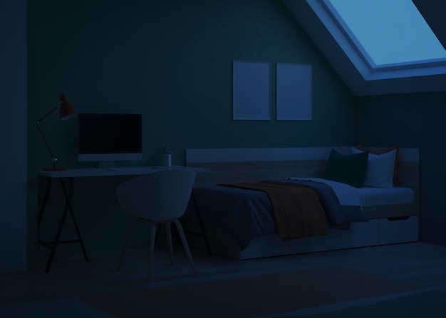 Interior moderno de habitación para adolescentes con lugar de trabajo y cama Noche Iluminación nocturna Representación 3D