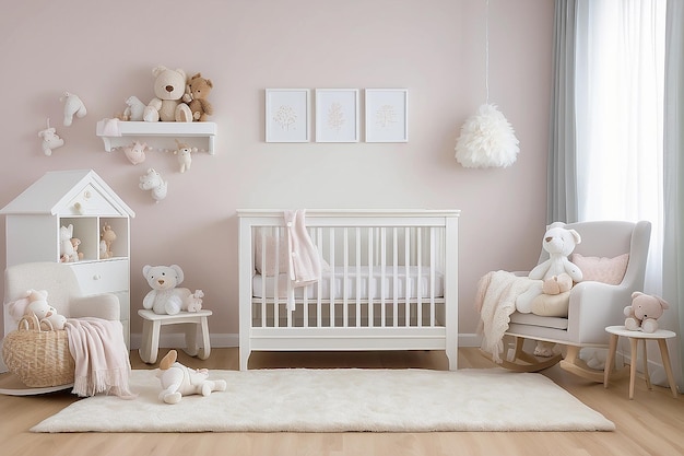 Interior moderno de la habitación del bebé con cuna y silla de balanceo