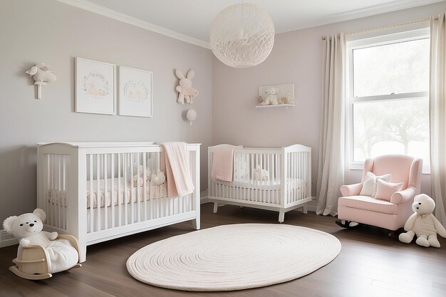 Foto interior moderno de la habitación del bebé con cuna y silla de balanceo