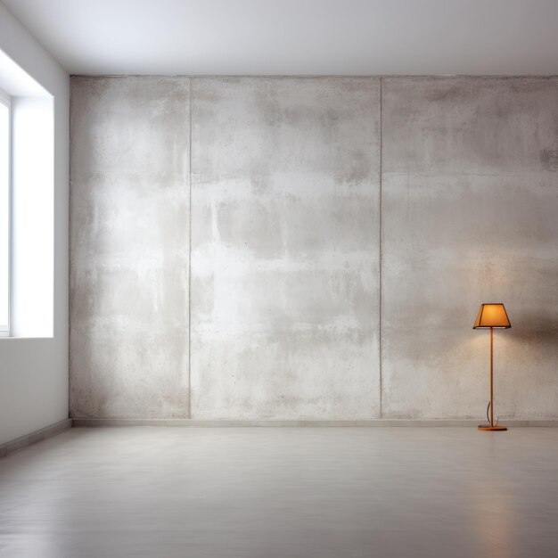 Interior moderno de una habitación vacía con pared de hormigón y suelo iluminado por una sola lámpara de piso