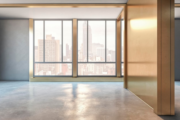 Interior moderno de hormigón oscuro con ventana con vistas a la ciudad Galería y concepto de exposición 3D Rendering