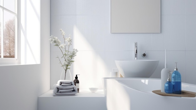 Interior de un moderno y lujoso cuarto de baño escandinavo con paredes de azulejos blancos y ventana. Encimera blanca con lavabo en forma de cuenco y espejo rectangular con grifo cromado. Diseño contemporáneo para el hogar. Representación 3D.