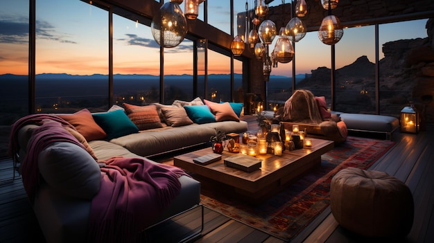 Interior moderno y lujoso de la sala de estar con impresionantes vistas al paisaje montañoso del desierto al atardecer